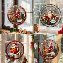 1 buc. Captor de soare acrilic colorat, design Moș Crăciun și elan, stil vitraliu, fereastră curcubeu cu refracția luminii solare, decorare interioară și exterioară a casei