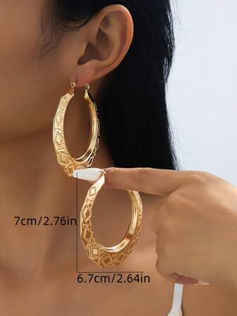 1 Pair Oversized Boho Style Rhombus Pattern Decor Round Hoop Earrings, Suitable For Women Daily Wear, 2.52in Diameter