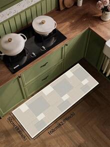 1块硅胶厨房垫，由不同大小的矩形块组成，带有平行垂直条纹的极简几何图案，浅米色、浅灰色调，营造简约现代的视觉效果。奢华时尚厨房垫，缓冲抗疲劳，表面织物材质，中间海绵吸水材质，底部橡胶材质防滑防水厨房地毯浴室厨房装饰