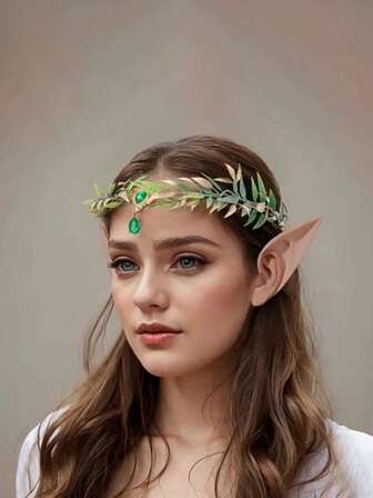 2 件套仙女头饰和耳朵，异国希腊女神角色扮演额头吊坠精灵耳朵头饰套装，派对吸血鬼天使仙女尖耳配饰