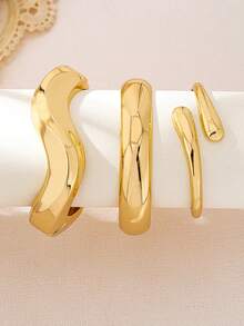 3 件/1 套简约时尚金色几何波浪不对称泪珠手镯套装，适合女性，厚实光滑的实心金属和锌合金材质 - 金黃色 - 查看 2