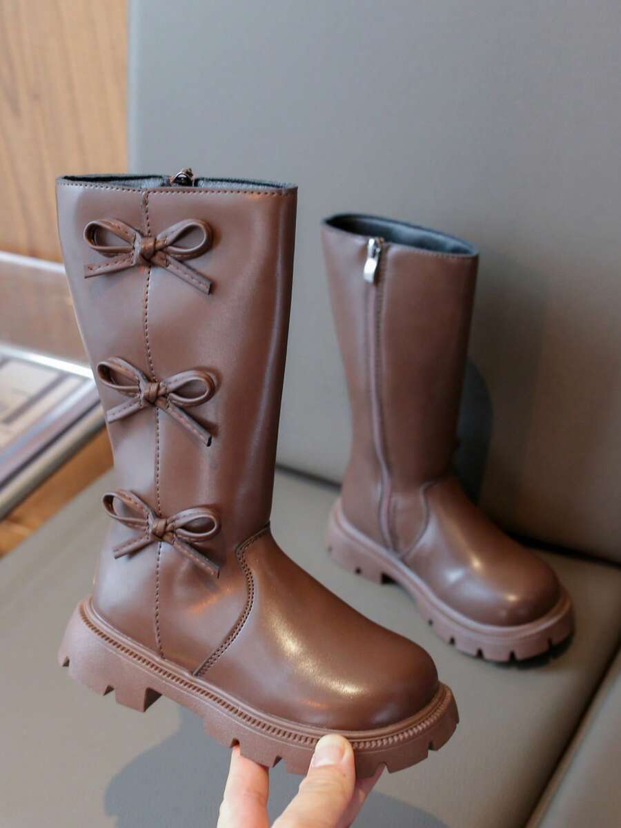 1 双女童时尚优雅蝴蝶结装饰及膝靴，侧拉链软底防滑靴，适合室内、户外、旅行、秋冬季 - 棕色 - 查看 1