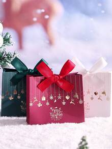 5-Piece Christmas Gift Box With Bow, Santa Claus Sleigh And Reindeer Pattern, Holiday Candy Gift Bags, Suitable For Holiday Parties, Weddings, Birthdays, Anniversaries, Exquisite Gift Packaging, C Ookies, Jewelry, Chocolates, DIY Craft Packaging, Christmas Eve Decorations - Multicolor - View 10