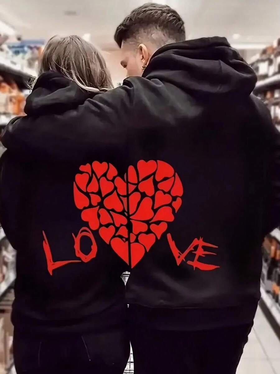 Couple Matching Hooded Sweatshirt - Black, Red "LO And VE" Heart Print, Hoodie With Pockets, All-Season Casual Pullover, Suitable For Men And Women, Machine Washable Couple Gift, Hooded Sweatshirt - Can Be Worn By Both Men And Women, Valentine's Outfit, Date Out - 女士 - 查看 1
