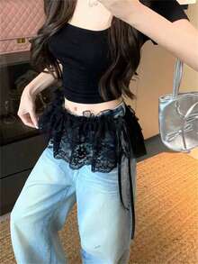 1 件高腰蕾丝吊带短裤裙，蕾丝下摆松紧腰端庄裙 - 彩色 - 查看 9