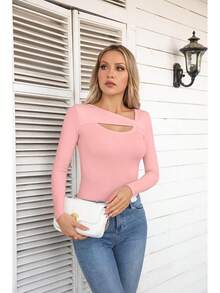 Womens Fashion Fall Cutout Long Sleeve Ribbed Slim Fitted Tops Shirts Tee Tshirts - Long-light Pink - View 5