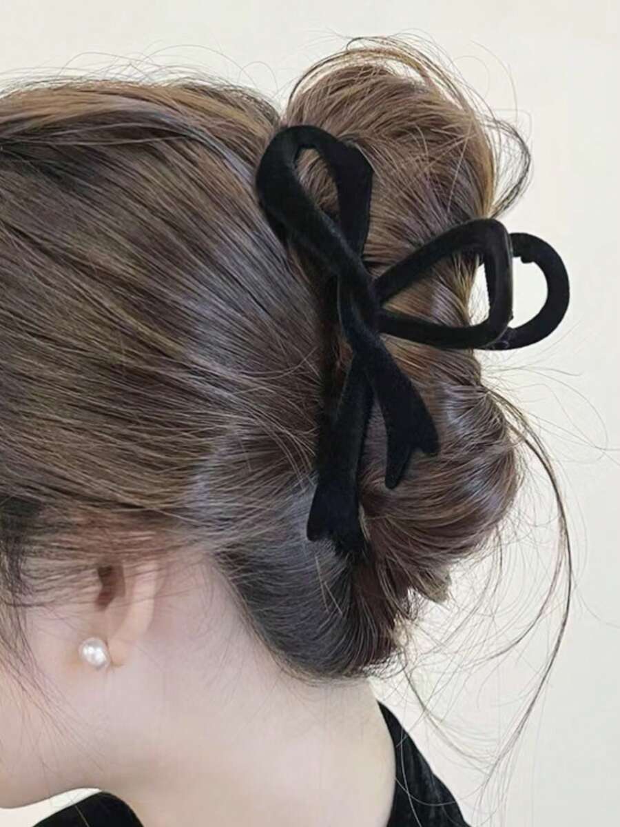 1pc Women's Solid Color Autumn/Winter Flocked Bow Tie Ribbon Flocked Hollow Big Hair Clip, Elegant Sweet Fashion Campus Matching, Suitable For Party, Ball, Daily Matching Fall Fashion Claw Clips Winter Hair Accessories Hair Claw Hair Clutch Clips For Hair For Vacation Outfits Woman