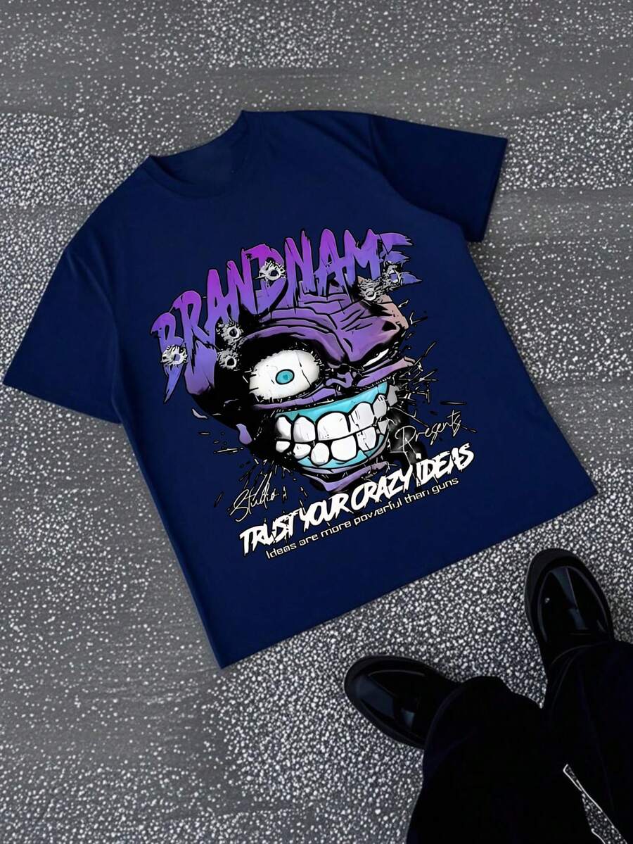 Crazy Monster Graphic Tee - Bold Purple Design - Trust Your Crazy Ideas - Unique Streetwear Style - Perfect For Halloween - Daily Men's Street Style Short Sleeve - Men's Sport T-Shirt - Ideal Gift - Halloween Present - Christmas Gift - Affordable And Fashion Item - Màu xanh hải quân - Xem 1