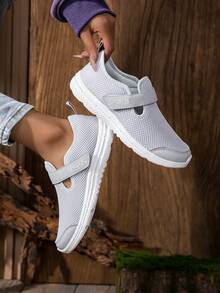 Women's Slip-On Mesh Shoes, Flat Heel, Casual Comfort Sneakers, Gray, Hook And Loop Closure, Soft Sole, Lightweight, Daily Wear, Autumn - Grey - View 3