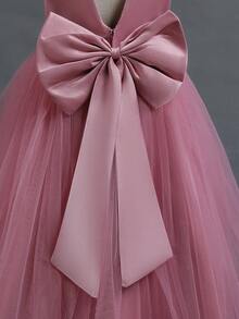 Girls Satin Tulle Pink Flower Girl Dress Sleeveless Round Neck Deep V Back With Large Bow Pearl Belt Fluffy Tulle Skirt Formal Wedding Pageant Gown Princess Dress - 藕粉色 - 查看 5