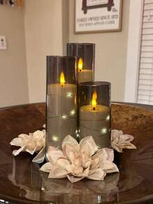 5支闪烁无焰蜡烛，带星形串灯，电池供电，内置LED灯串，不易碎亚克力材质，带遥控器，许愿蜡烛灯，适用于桌面摆件装饰，适合圣诞节、万圣节、情人节、婚礼、派对、节日氛围装饰。 - 灰色 - 查看 9