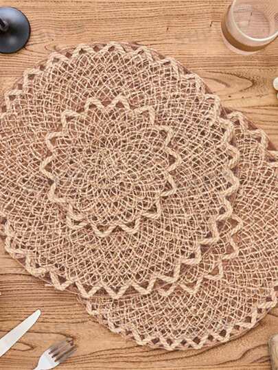 1/4/6/12pcs Rustic Style Natural Linen Woven Round Placemats, Dining Table Decor For Home & Restaurant