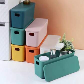 1pc Narrow Desk Organizer Box With Lid, Desktop Snack & Miscellaneous Storage Basket