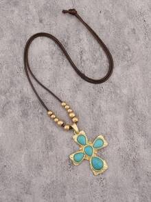 1pc Minimalist Golden Alloy Pendant Necklace, Vintage Cross & Turquoise Necklace, Suitable For Daily Wear And As Gift For Girlfriend/Boyfriend