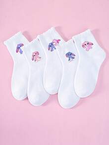 5双装儿童情侣款春夏Stitch & Angel甜美时刻荷叶边印花透气舒适可爱短袜日常穿着/国际女童节/圣帕特里克节卡通袜柔软亲肤休闲女童袜，荷叶边袜口，泡泡袜，女童短袜，男童短袜，柔软 - 彩色 - 查看 4