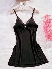 3-Piece Set Of Women's Solid Color Lace Pajamas, Lace Panel, Side Slit Skirt, Sexy Lace Home Sleepwear - 混合色 - 查看 6