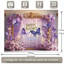 Customizable Name Butterfly Theme Happy Birthday Banner Background, Purple Curtain, Rose Gold Glitter Frame Design, Suitable For Birthday Party Cake Table Decor, Photography Backdrop, Vinyl Material ,Travel Organizer ,Bachelorette Party Favors - Type C - View 5