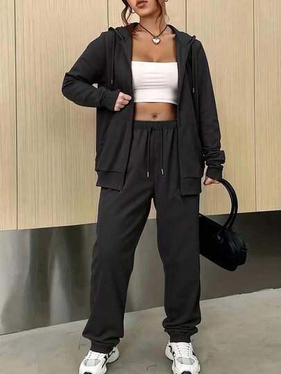 Conjunto de 2 peças de moletom esportivo casual feminino, conjunto de roupas esportivas femininas, roupa esportiva de malha de cor sólida com cordão ajustável, confortável para todas as estações, essencial para a volta às aulas