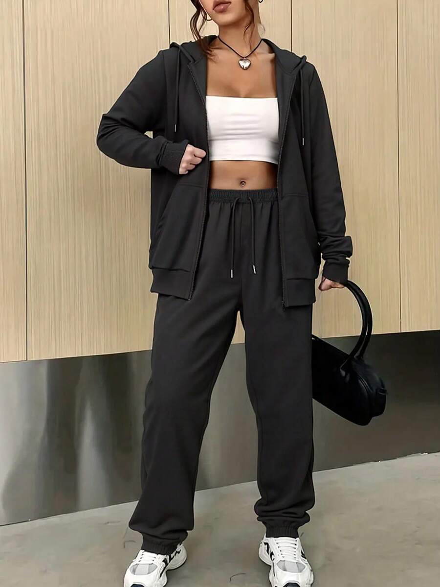 2pcs Women's Casual Sports Hoodie Set, Ladies' Fashion Sportswear Set, Solid Color Knit Activewear With Adjustable Drawstring, Comfortable For All Seasons, Essential For Back To School