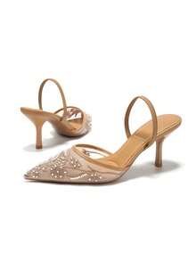 女士手工刺绣网纱珍珠尖头套脚轻便透气高跟鞋，新款情人节婚礼百搭派对性感优雅花卉刺绣珍珠高跟鞋