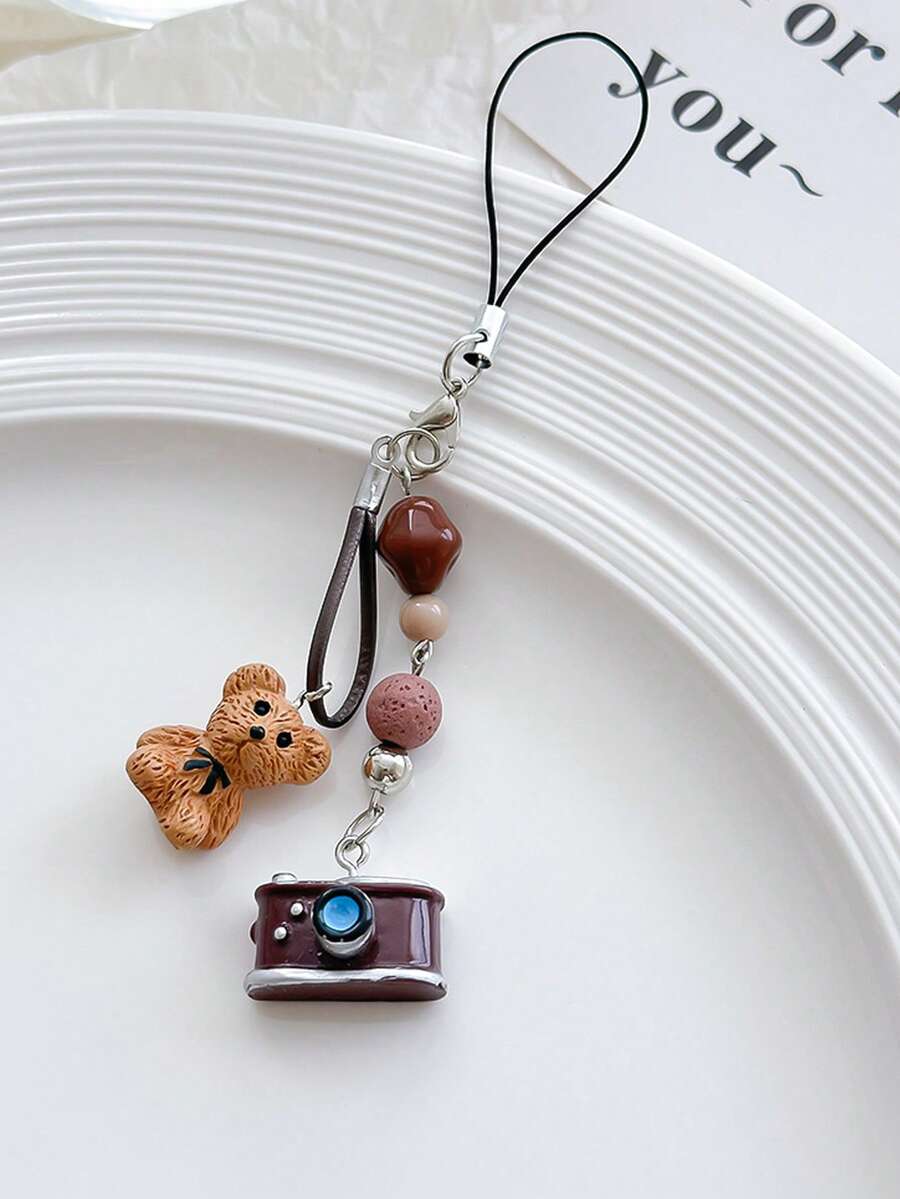 1pc Camera Beaded Mobile Phone Chain, Creative Bag Hanging Key Chain Bear Chain, Cute Beaded Pendant Keychain Pendant, Cute Niche Pendant, Suitable For Using As Earphone Cover, Luggage & Bag, Cellphone And Keychain Pendant - Multicolor - View 1