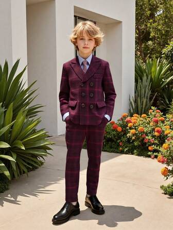 Boys' Plaid Gentleman Suit Set - Plaid Blazer + Pants + Tie, Suitable For Parties, Banquets, Dances And Other Occasions