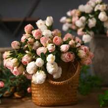 Rosas artificiales rosas, rosas de flores secas artificiales, decoración del hogar con rosas artificiales, estilo nórdico 7 cabezas de rosas pequeñas de simulación de flores, plantas artificiales verdes, ramo de rosas de estilo bohemio y granja de otoño para decoración