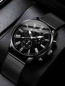 1 buah Jam Tangan Quartz Kasual Pria, Dial Bulat Minimalis, Tali Jala Logam, Hadiah Terbaik untuk Pria, Cocok untuk Liburan dan Pemakaian Sehari-hari - Hitam - View 5