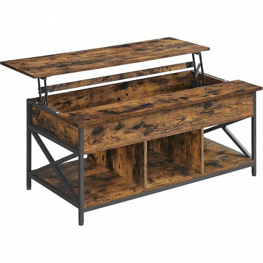 VASAGLE Coffee Table, Liftable Coffee Table For Bedroom, With Open And Hidden Space, X-Shaped Bars, 60 X 100 X (48-62) Cm, Rustic Brown And Black LCT205B01 Desk Coffee Table - 質樸的棕色+黑色 - 查看 1