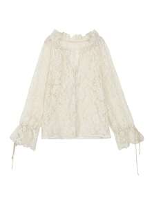 ii Blusa elegante con botones y mangas acampanadas de encaje, talla grande, para otoño y primavera - Albaricoque - Ver 2