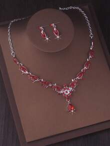 高檔新娘珠寶套裝女士用,花卉鑲嵌水滴形項鍊和耳環套裝,舞臺表演/奢華裝飾配件項鍊