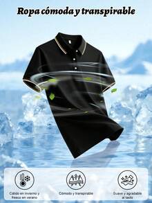 Camisa polo de manga corta a rayas de verano, casual y para commuter, para golf, para hombres, Camiseta polo diaria sencilla de unicolor para hombre,ideal para desplazamientos - Negro - Ver 4