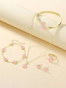 1 Set Alloy Flower Jewelry Set, 1 Necklace, 1 Pair Earrings, 2 Bracelets, 1 Ring, Suitable For Teenage Girls, Back To School Season - Multicolor - View 7