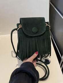 Vintage Faux Suede Tassel Decor Small Square Shoulder Bag, Hong Kong Style, Bohemia Style Bag For Women, Perfect For Rodeo Occasion, Newest Fashionable Suede Bag For Women, Perfectly Matching With Fall Outfits Women Fall Clothes For Women - Green - View 6
