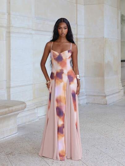 Mima John Autumn/Winter Multi-Color Ombre Purple Print Patchwork Dress With Oversized Hem, Suitable For Romantic Date, Party And Gathering