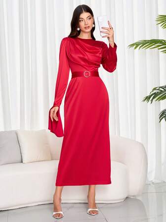 Women Elegant Red Asymmetrical Sleeve Buckle Waist Dress,Elegant Evening Party Maxi Dress