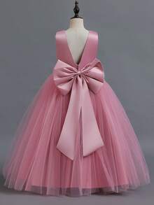 Girls Satin Tulle Pink Flower Girl Dress Sleeveless Round Neck Deep V Back With Large Bow Pearl Belt Fluffy Tulle Skirt Formal Wedding Pageant Gown Princess Dress - 藕粉色 - 查看 2
