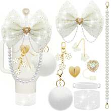 QY Bling Cup Accessories For 40/30/20 Oz Tumbler With Handle Including Glitter Bow Straw Topper, Heart Straw Cover, Pearl Water Bottle Handle Strap, Boot, Pom-Pom, Keychain Charms(White) 2216 - 奶油白 - 查看 1