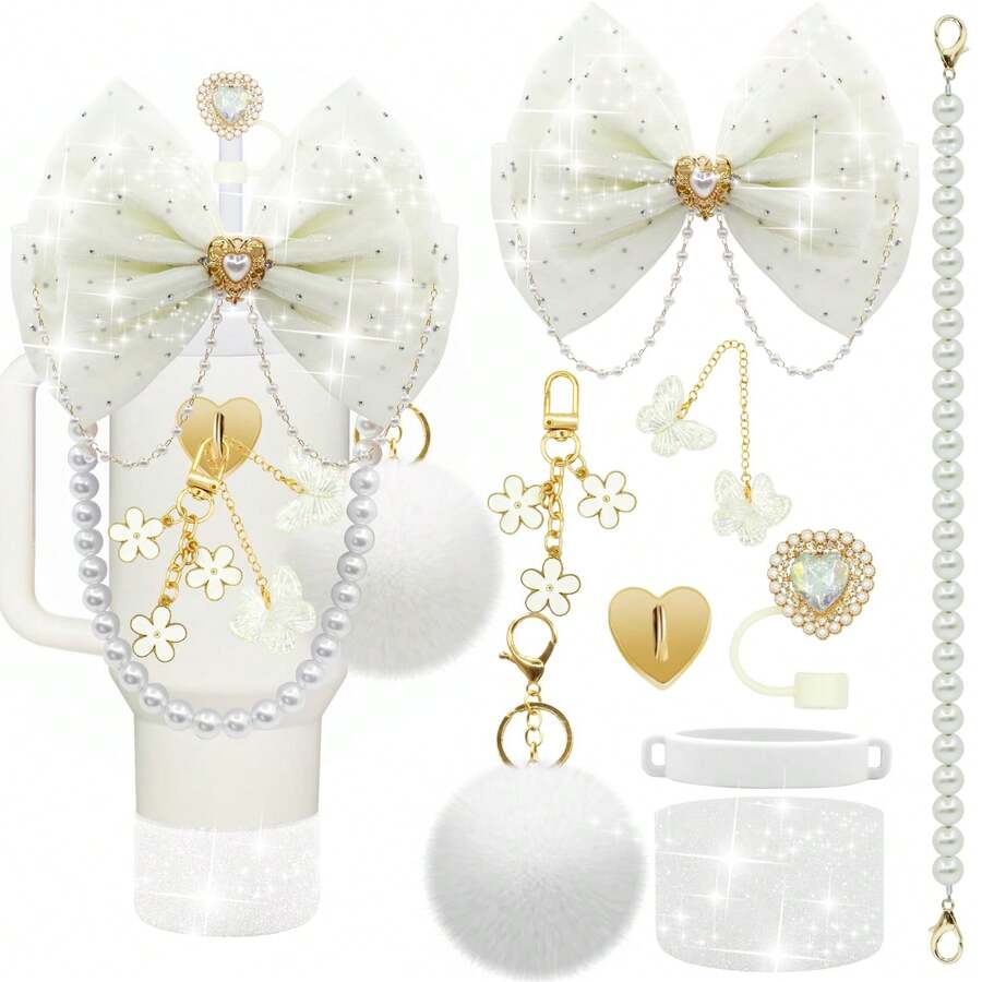 QY Bling Cup Accessories For 40/30/20 Oz Tumbler With Handle Including Glitter Bow Straw Topper, Heart Straw Cover, Pearl Water Bottle Handle Strap, Boot, Pom-Pom, Keychain Charms(White) 2216 - 奶油白 - 查看 1