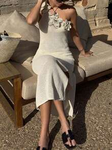 FOR BEAUTY 杏色性感斜领针织连衣裙，优雅简约沙滩音乐节蜜月婚礼季度假风镂空薄款开衩连衣裙罩衫，适合狂欢节、新年、情人节等场合。 - 杏色 - 查看 6