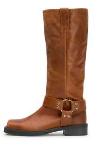 Luxury Brown Mid Calf Boots For Women Square Toe Wide Calf Chunky Heel Boots Comfort Low Heel Slip On Mid Calf Boots Women - màu nâu - Xem 1