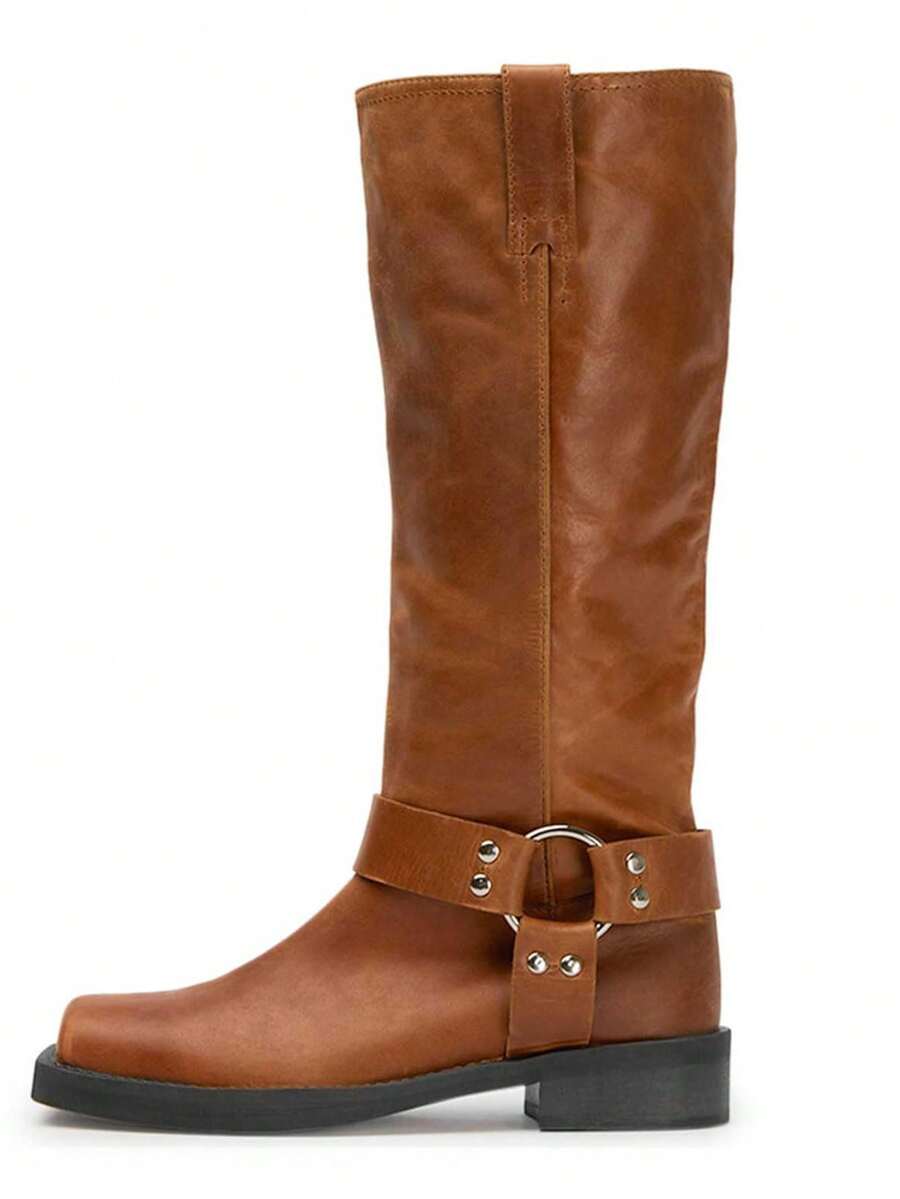 Luxury Brown Mid Calf Boots For Women Square Toe Wide Calf Chunky Heel Boots Comfort Low Heel Slip On Mid Calf Boots Women - màu nâu - Xem 1