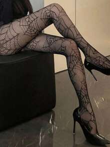 1 Pair Women's Halloween Spider Web Fishnet Thigh High Stockings, Party & Costume Wear - Black - View 1