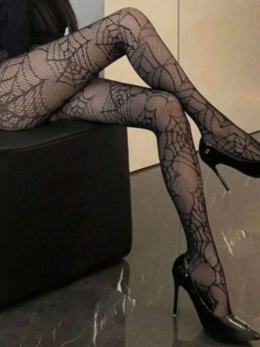 1 Pair Women's Halloween Spider Web Fishnet Thigh High Stockings, Party & Costume Wear - Black - View 1