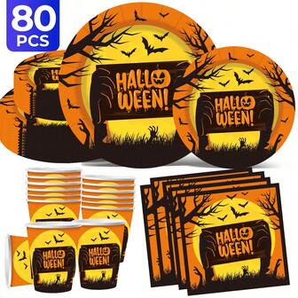 2025 Halloween Party Theme Disposable Tableware Set, Disposable Party Plate, Including 20 Person Set/10 Person Set, 7-Inch+9-Inch+Theme Paper Cup+Napkins, New Halloween Party Products! Birthday Party, Birthday Plates, Restaurant Decoration, Kitchen, Kitchen, Pumpkin, Witch, Bat, Spider, Skeleton, Ghost, Tombstone, Decorative Pendant.