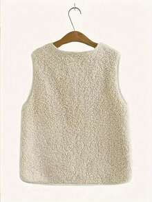Autumn/Winter Faux Shearling Vest, Retro Slim-Fit Lightweight Sleeveless Jacket For Women, Solid Color