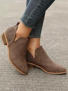 Botines elegantes marrones perfectos para mujeres que combinan con ropa de otoño, con puntera hueca y tacón grueso - Café integral - Ver 5