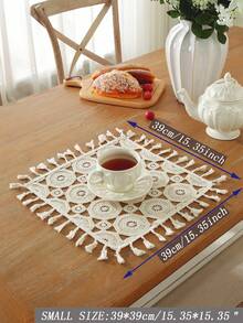ABEST6522 Home&Living store 1pc Vintage Crochet Tassel Table Runner, Suitable For Dining Table, Coffee Table, Cabinet, Candle Mat, Vase Mat, Anti-Fouling Place Mat, Home Decor, Holiday Decoration, Camping Decor, Party, Wedding, Multi-Size Available - Beige - View 13