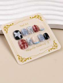 10 片杏仁形按压指甲法式手工制作简约时尚星形格纹清新猫眼，全覆盖易粘贴设计，适合女性海滩度假和派对 - Model M 美甲用品 - 彩色 - 查看 6