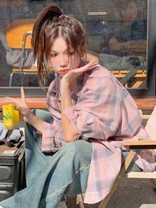 Pink Plaid Long Sleeve Shirt, Casual Loose Fit Suitable For Early Autumn Spring - Pink - View 2
